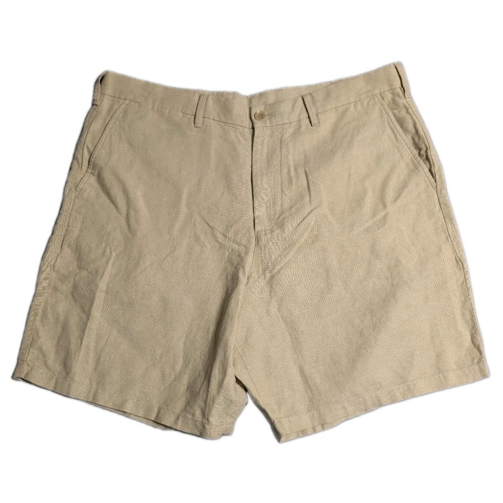 Gap Mens 36 Khaki Linen Blend 8" Shorts Beige Chino Flat Front Casual